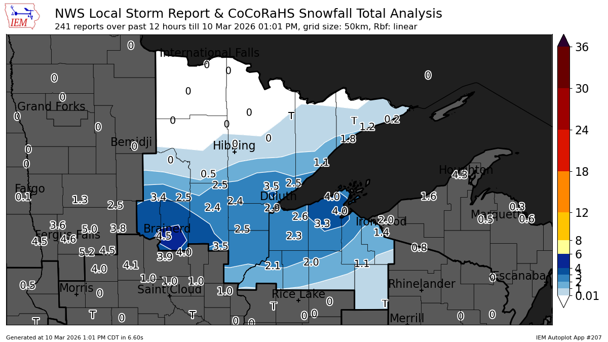 Snow Accumulation Reports for NE Minnesota and NW Wisconsin