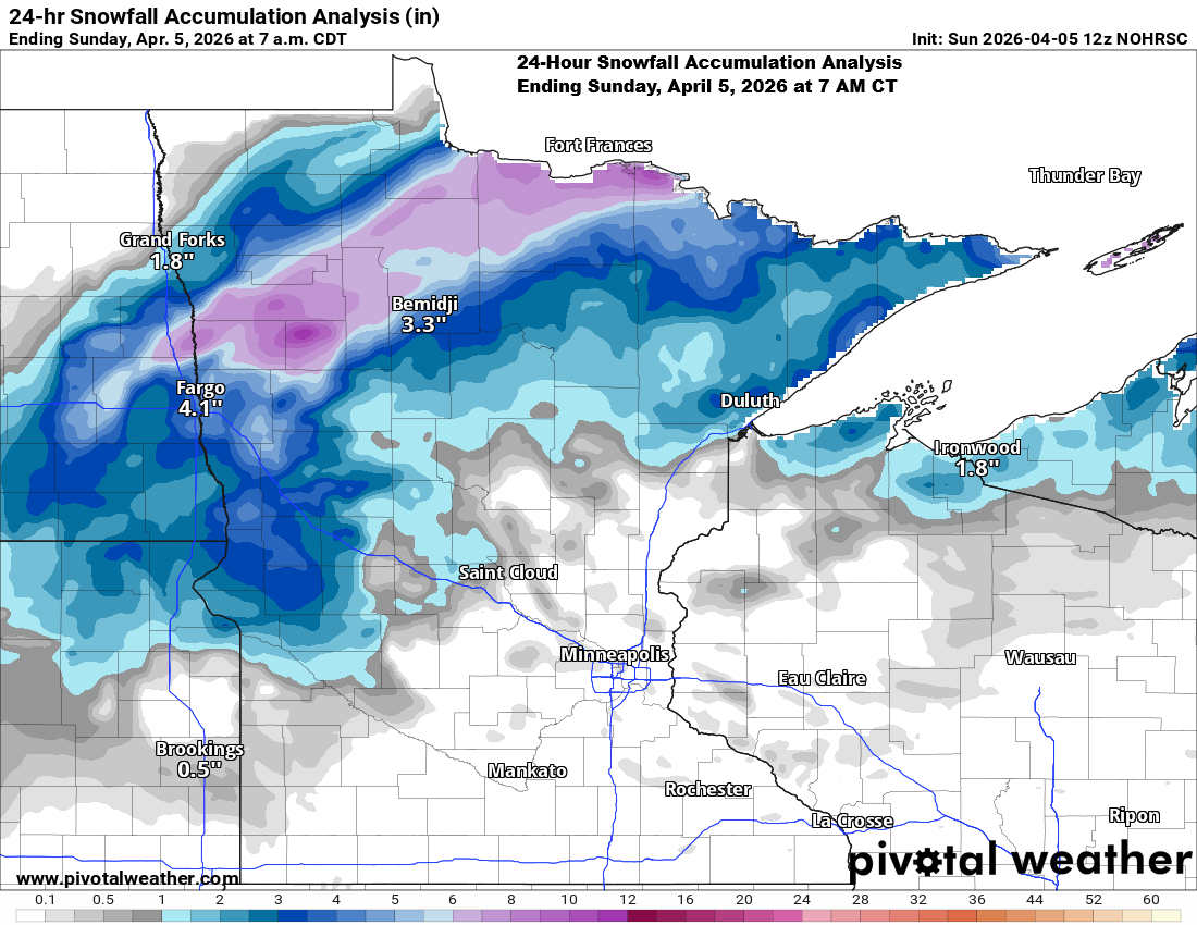 Snowfall and ice accumulation reports for April 3–4, 2026
