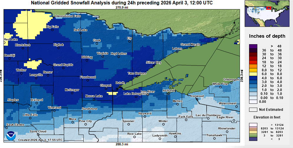 Snowfall totals from Thursday through early Friday, April 2–3, 2026