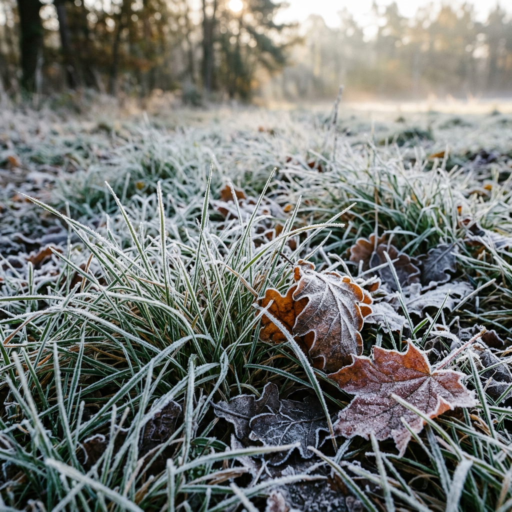 Grass and fallen leaves covered with frost in a field