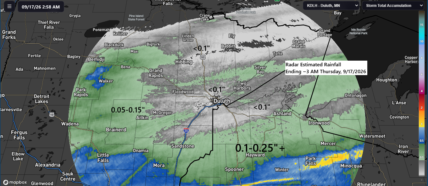September 16, 2026 Rainfall Totals for Northern MN & WI